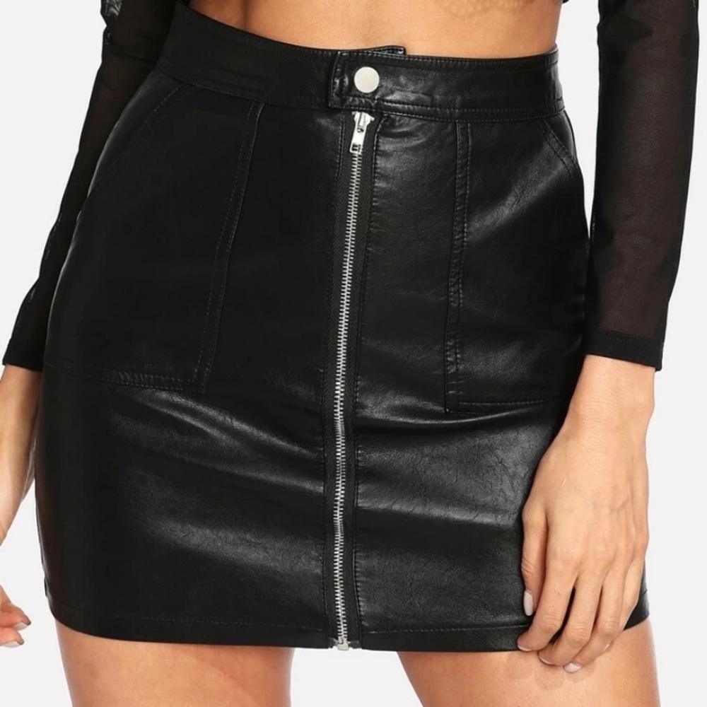 Zip Front PU Skirt black